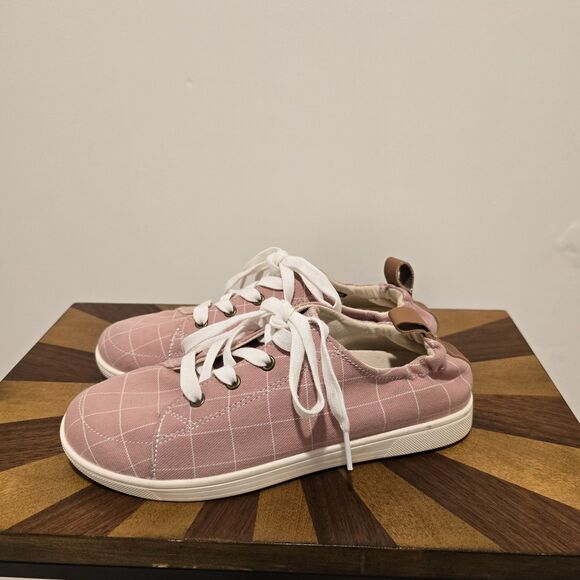 Spenco Canvas Sneakers Womens 7 D Slip On Orthotic Shoes Windowpane Pink Spring - Picture 6 of 13